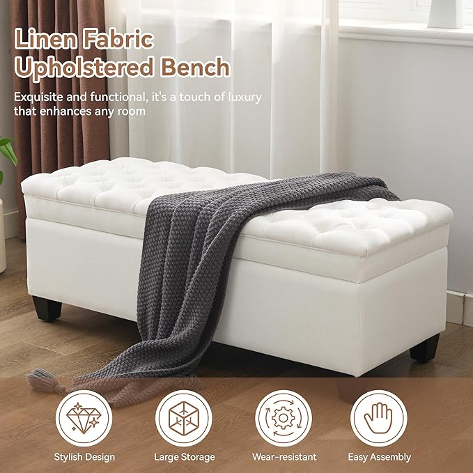 51" Fabric Storage Ottoman Bench, Upholstered Rectangle End of Bed Storage Ottoman Tufted Living Room Bedroom Bench with Safety Hinge, Solid Wood Legs, Loads 500 lb(Beige)-PawvioPets