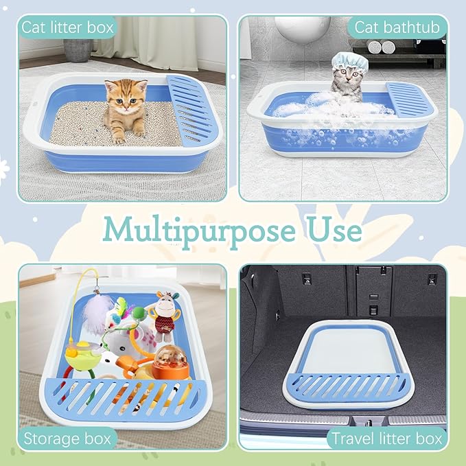 Fhiny Cat Litter Box Portable Shallow Litter Box 17.7"x13.4"x4.9" Foldable Cat Toilet with Scoop Open Kitty Potty Pan with Litter Drop Pedal Easy to Clean Travel Kitten Toilet(Blue)-PawvioPets