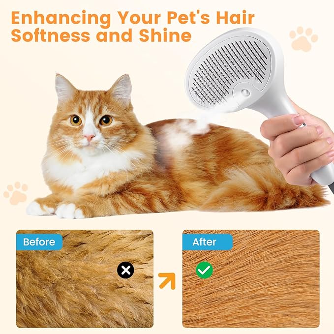 3 in 1 Cat Steam Brush for Cats & Dogs, Pet Spray Hair Removal Comb for Shedding & Grooming, Rechargeable Water Brush for Long & Short Haired Pets with Release Button(White)-PawvioPets