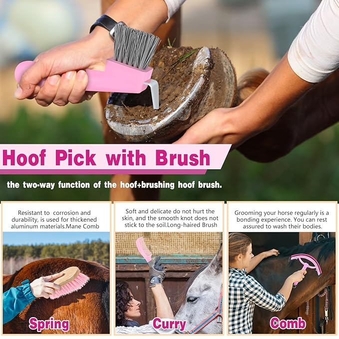 Abbylike 12 Pieces Horse Grooming Kit with Organizer Tote Bag Tack Room Supplies Horse Brush Sets Equine Care Cleaning Kit Shedding Grooming Massaging Tools(Pink and Grey)-PawvioPets