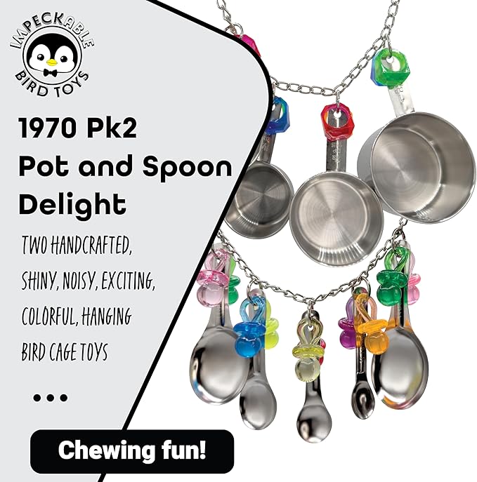 1970 Pk2 Pot and Spoon Delight Features Shiny pots and Spoons with Acrylic Rings and Pacifiers, Handcrafted for African Greys Amazons Macaws-PawvioPets