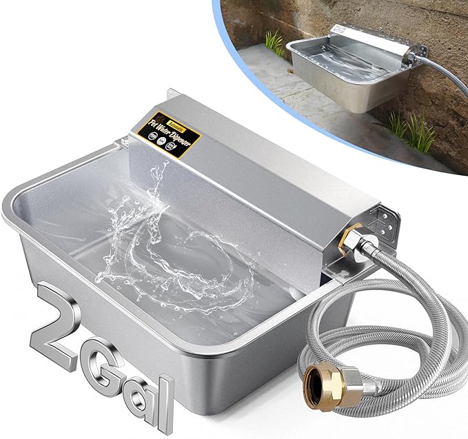 Automatic Dog Water Dispenser, 2 Gallons 304 Stainless Steel Dog Water Bowl for Indoor/Outdoor, Large Water Bowl for Pets & Livestock, Anti Tip, Wide Mouth, Water Auto Fill, Fit GHT 3/4" Faucet-PawvioPets