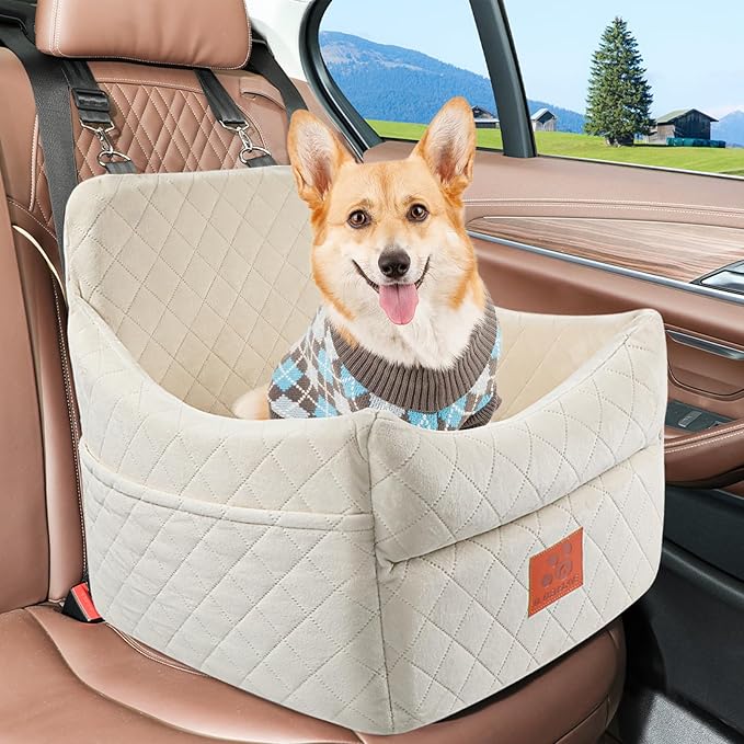 Dog Car Seat for Small/Medium Dogs, Dog Booster Car Seats with Thick Cushion for Dogs Under 35lbs, Detachable Washable Pet Carseat with Storage Pockets, 2 Safety Belts(Beige)-PawvioPets