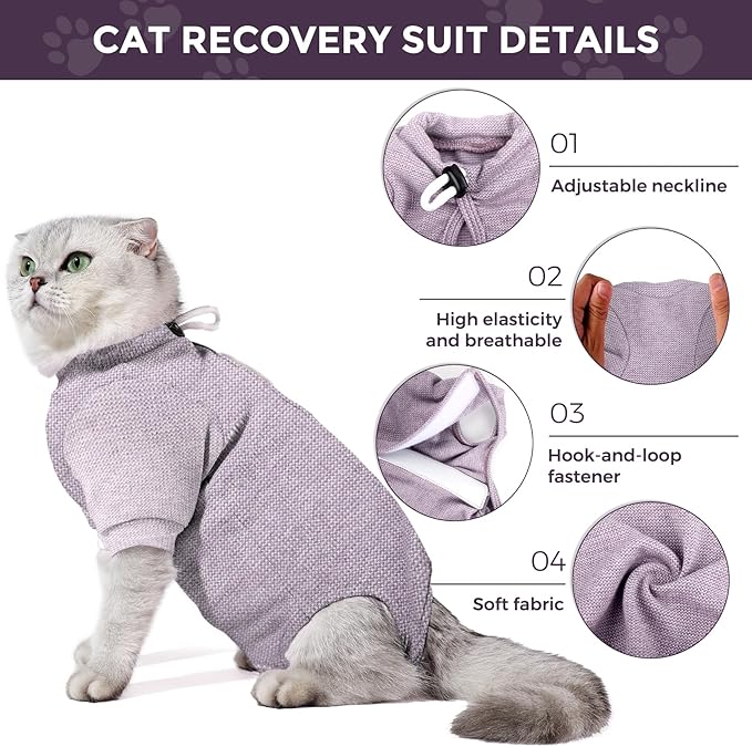Dotoner Cat Surgery Recovery Suit for Female Male Anti-Licking Pet Surgical Pajamas Long Sleeve Prevent Shedding Cat Spay Recovery Suit&E Collar Alternative Bodysuit for Cats-PawvioPets