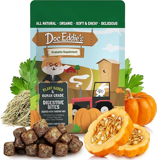 DOC EDDIE'S Digestive Bites - Plant-Based Small Animal Treats for Rabbits, Guinea Pigs, Hamsters, Gerbils, and More - Probiotics Supplement Made with Timothy Hay, Real Fruits, and Veggies-PawvioPets