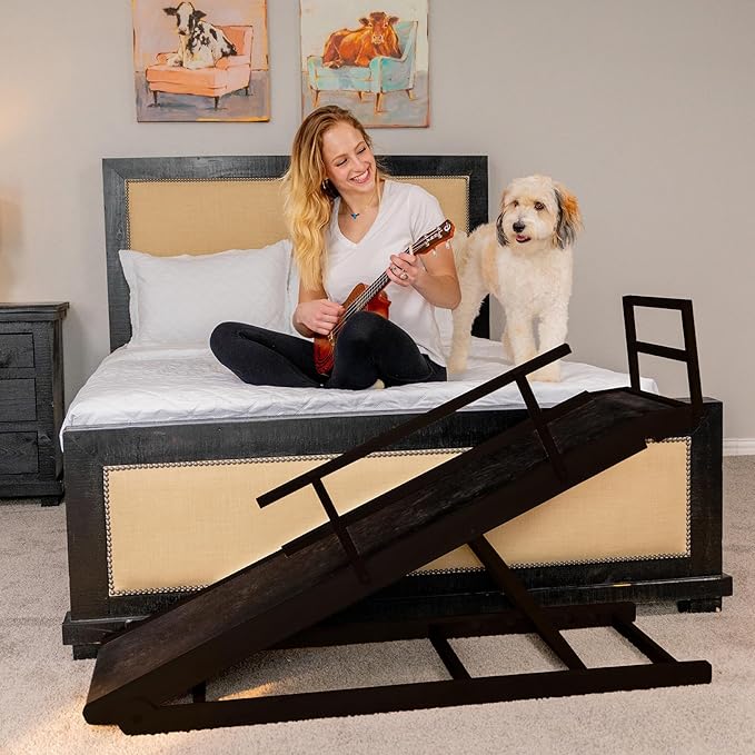 Dog Ramp for Bed, 5 Level Adjustable Dog Ramp for High Beds, Upgrade Rubber Mat High Traction Ramp with Safety Rails, Folding Pet Ramp for Bed, Couch,SUV, Natural Wood Pet Ramp for Small & Old Dogs-PawvioPets