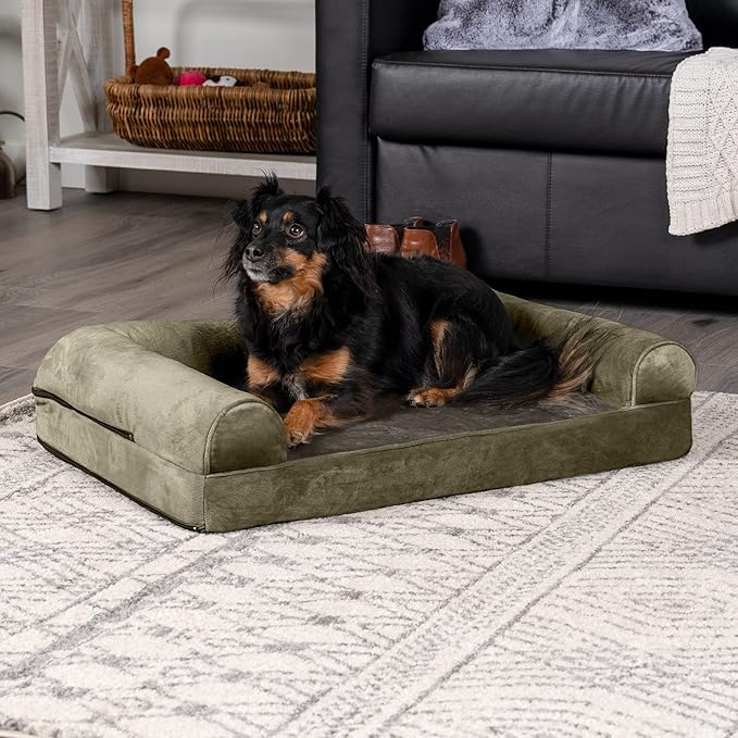 FurHaven Soft, Orthopedic Foam Sofa Dog Bed with Washable & Removable Cover - Faux Fur/Velvet - Dark Sage, Dogs Up to 35 lbs - Medium-PawvioPets