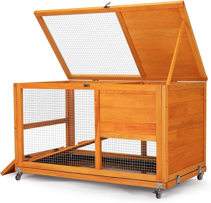 COZIWOW Fashionable Wood 36Inches Rabbit Hutch Indoor with Wheels Bunny Cage Outdoor Fashion Rabbit Cage with Clean Tray, Openable Roof, Anti-Slip Ramp for Small Bunny Rabbit (Orange)-PawvioPets