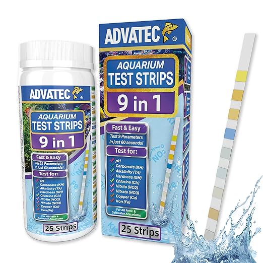 9 in 1 Aquarium Test Strips for Salt & Freshwater, Fish Tank Tester Kit for Iron, Copper, Carbonate, pH, Nitrate, Nitrite, Chlorine, Total Hardness & Alkalinity - 25 Count-PawvioPets