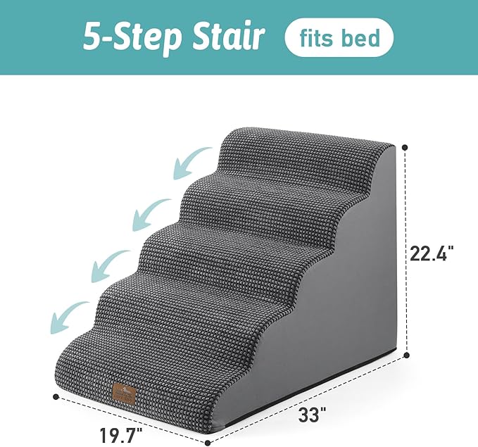 Extra Wide Dog Stairs 19.7" Width, Large Pet Step for Small Medium Dog, Puppy or Cat, Ramp for High Bed or Car, High Density Foam Ladder, Stable, 5 Step, 19.7x33x22.4 in, Dark Grey-PawvioPets
