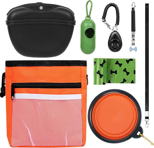 Dog Treat Pouch Pet Training Kit - Silicone Treat Bag Magnetic Closure, Puppy Training Clicker, Dog Whistle, Dog Water Bowls, Poop Bags & Holder, 4 Ways to Wear Walking Fanny Pack - Orange-PawvioPets