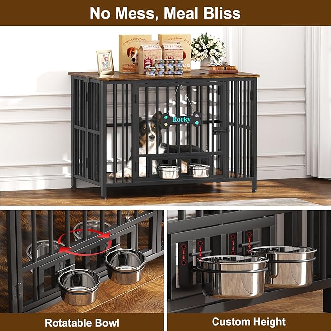 Easycom 41" Dog Crate Furniture Foldable, No Assembly Decorative Dog Kennel Indoor, Dog Crates for Large Dogs (40–65 lbs), Wooden Dog Cage with Adjustable Bowls and Name Tag, End Table, Rustic Brown-PawvioPets