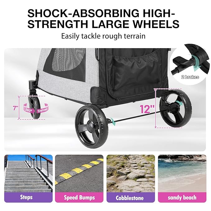 EchoSmile XL Extra Large Dog Stroller - Adjustable Handles,Lightweight Folding Pet Stroller,All-Terrain 4 Wheel for 2 Medium Dogs,Dual Entry Safety Dog Stroller,Capacity 160 lbs,Gray-PawvioPets