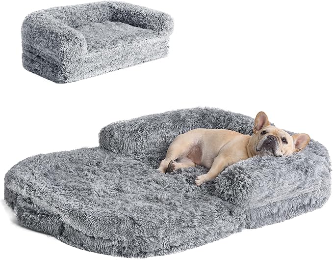 EHEYCIGA Foldable Dog Bed, Faux Fur Fluffy Dog Couch Bed, Orthopedic Calming Memory Foam Pet Bed for Small Dogs, Washable Soft Warm Pet Sofa Bed with Non-Slip Bottom, Grey, 40"x30"x6"-PawvioPets