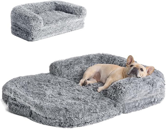 EHEYCIGA Foldable Dog Bed, Faux Fur Fluffy Dog Couch Bed, Orthopedic Calming Memory Foam Pet Bed for Small Dogs, Washable Soft Warm Pet Sofa Bed with Non-Slip Bottom, Grey, 40"x30"x6"-PawvioPets