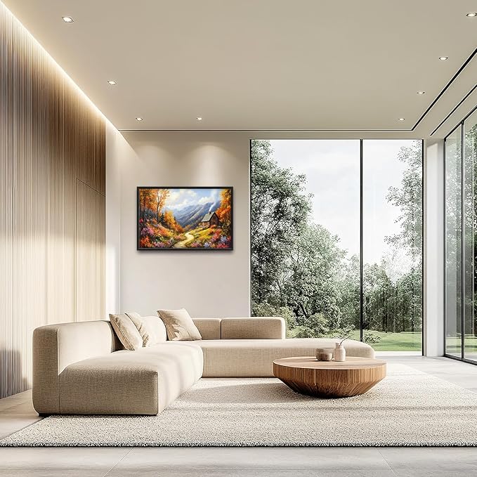 Framed Large Autumn Mountain Wall Art for Living Room, Oversized Wildflower Tree Wall Decor Nature Landscape Canvas Painting Modern Artwork Home Decoration for Living Room Bedroom 36"x24"-PawvioPets