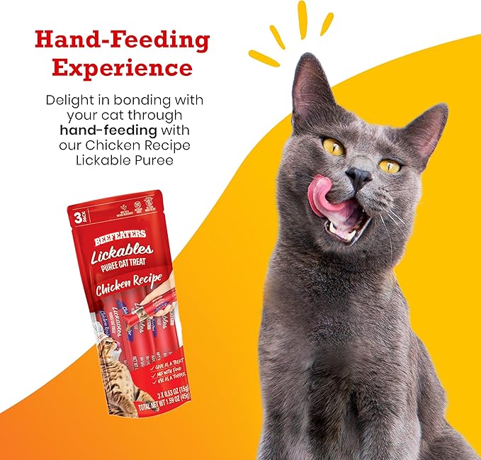 Beefeaters Cat Treats Lickable Puree 1.59oz (12-Pack) – Chicken, Grain-Free, Taurine-Enriched, Ideal for Training & Interactive Feeding-PawvioPets