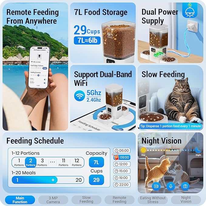 5G WiFi Automatic Cat Feeder with Two HD Camera: 7L Automatic Dog Feeder with Night Vision, Auto Cat Food Dispenser for Multiple Pet, Detachable for Easy Cleaning - 29 Cup-PawvioPets
