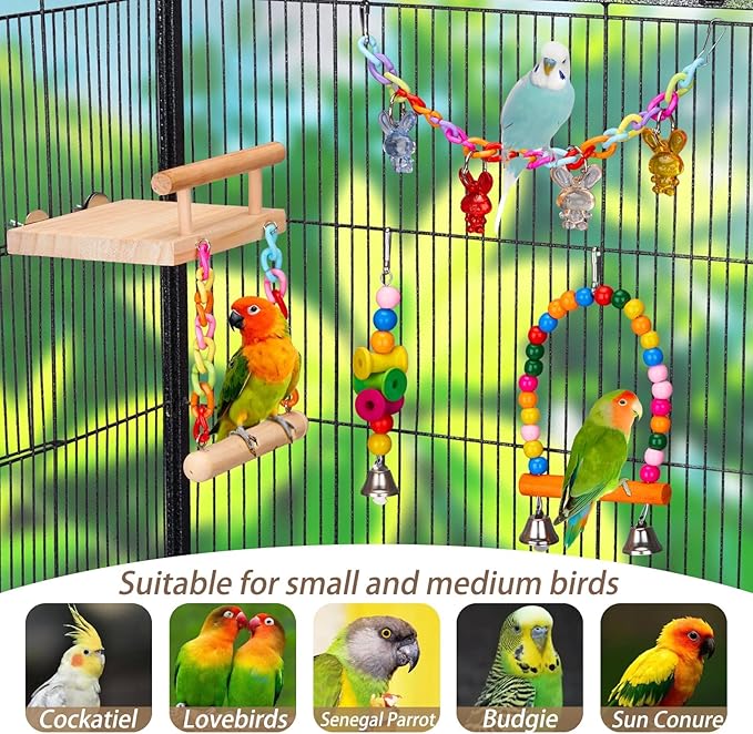 11Pcs Bird Parakeet Toys Wooden Bird Platform Stands Swing Hanging Chewing Toy Parrot Climbing Ladder Colorful Bird Cage Toys for Parakeet, Conure, Cockatiel, Love Birds, Finches-PawvioPets