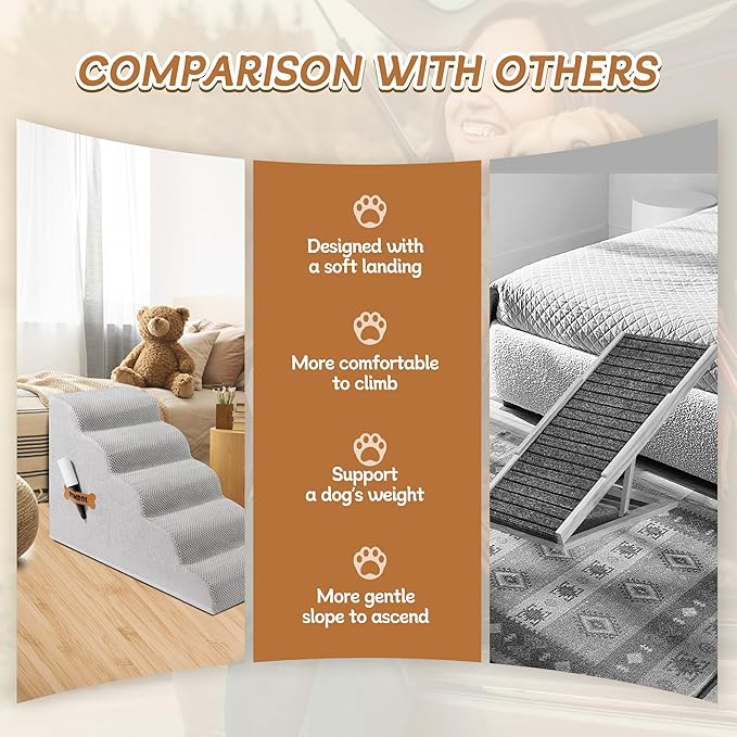 Dog Stairs, Romrol Dog Steps Ramp for High Bed and Couch, Dogs Ramp with Durable Non-Slip Waterproof Fabric Cover, Pet Stairs for Small Dogs and Cats or Pets Joints, 4-TiersLight Grey-PawvioPets