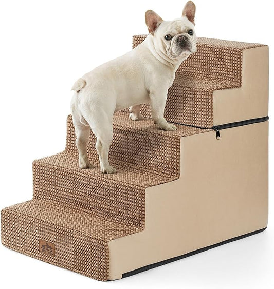 Dog Stairs for Small Dogs, 5 Tier Removable Wider Pet Stairs for Couch and Bed, 23.6" H Non-Slip Dog Steps for Puppies and Old Cats with Support Board, 29.5x19.7x23.6 inch, Light Brown-PawvioPets