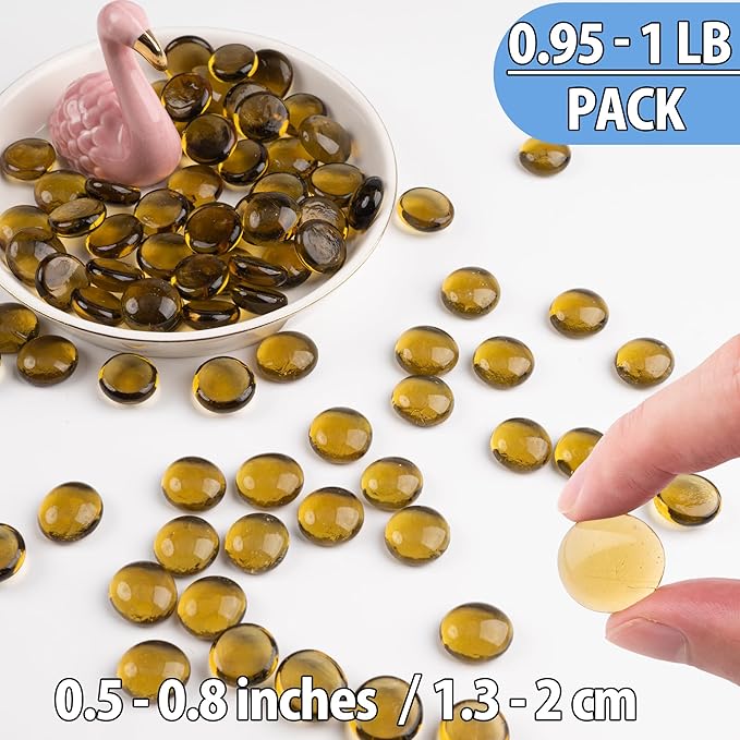 Amber Glass Marbles, 0.97LB Transparent and Smooth Mancala Stones, Yellow Flat Glass Beads for Vases, Mosaic Gem Pebbles for Aquarium Decor, Floral Arrangements Vase Filler and Crafts,Approx.80-100PCS-PawvioPets