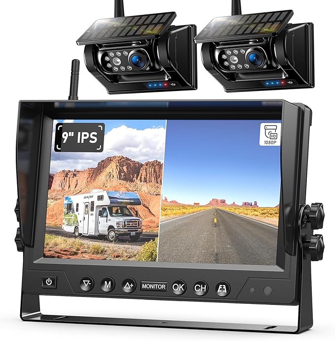 2 Magnetic Solar Wireless Backup Camera HD 1080P 9" DVR Monitor, Solar Rechargeable RV Backup Cameras Wireless System for Hitching Gooseneck Horse Trailer Fifth Wheels RVs Trucks BL902-PawvioPets