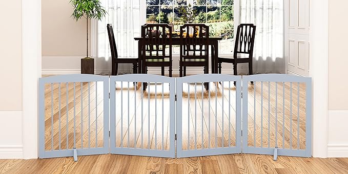 Freestanding Pet Gate - Foldable Wooden Dog Gate for House, Indoor, 80 Inch Wide, 4 Panels 24", Grey-PawvioPets