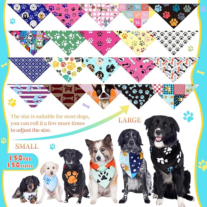 150 Pcs Dog Bandanas Bulk Pet Bibs Colorful Triangle Scarf Pet Bandanas for Medium Large Dogs Spring Summer Birthday Costume Decoration (Paw)-PawvioPets