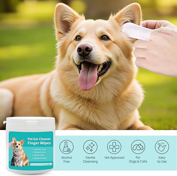 Ear Wipes for Dogs & Cats - Comfortable Finger Design, Gentle Ear Wax, Debris, and Dirt Cleaning | 50-Count Pack-PawvioPets