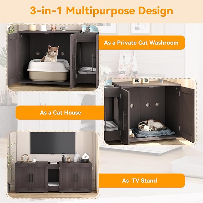 Gaomon Litter Box Enclosure with Double Room,Cat Hidden Litter Box Enclosure Furniture for 2 Cats with Double Room, 55”L x 17.7”W x 22.5”H Cat House,Wooden Enclosed Cat Litter Box Furniture,Walnut-PawvioPets
