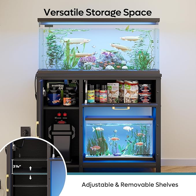 Bestier 40-50 Gallon Fish Tank Stand with Power Outlet&LED Light, 37x18 Heavy-Duty Metal Aquarium Stand with Cabinet&Drawer for Accessories Storage, Suit for Reptile/Turtle Terrarium,660Lbs Capacity-PawvioPets