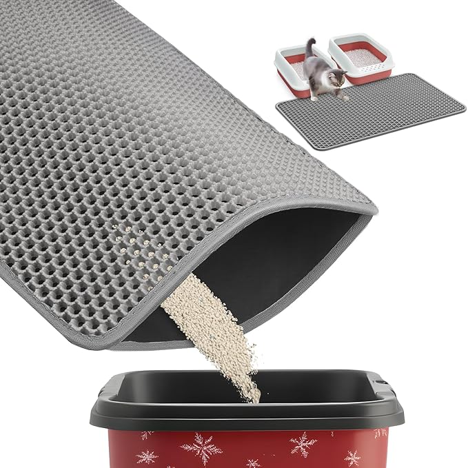 35" x 30" Cat Litter Mat - Ultra-Large Litter Box Mat with Double Layers, Urine-Proof and Non-Slip Litter Trapping Mat, Easy to Clean Kitty Litter Mats for Floor, Scatter Control, Grey-PawvioPets
