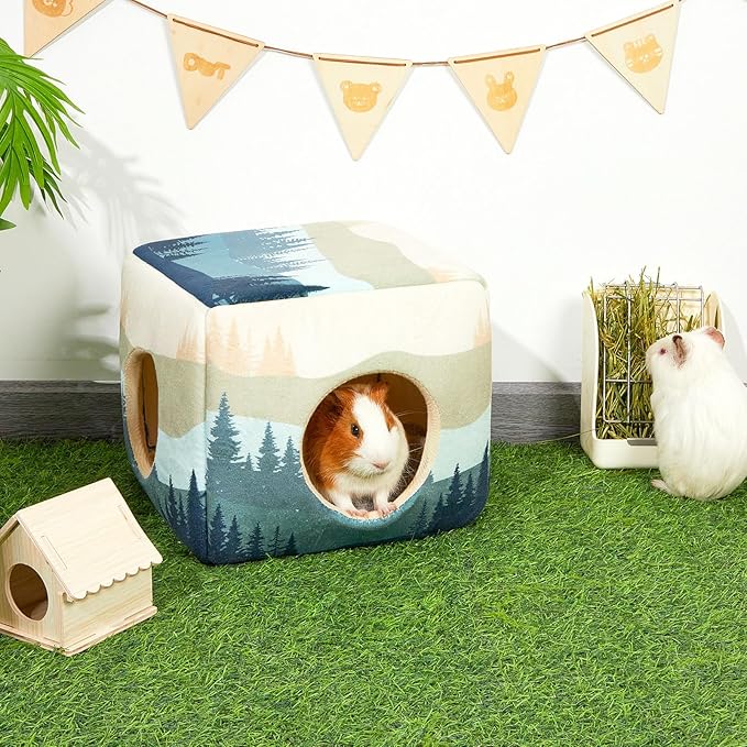 Bienbee Guinea Pig Hideout, Washable Guinea Pigs House Cozy Guinea Pigs Bed for Small Pet Bunny/Rabbit/Hamster/Chinchilla Guinea Pig Accessories Forest Landscape-PawvioPets