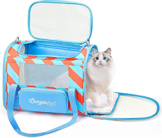 BurgeonNest Cat Carrier, Dog Cat Carriers for Large Medium Cats Under 20 lbs, Soft Sided Pet Carrier, Collapsible Travel Carry Puppy Kitten Cat Carrier with Big Side Bag (Medium, Blue-Orange)-PawvioPets