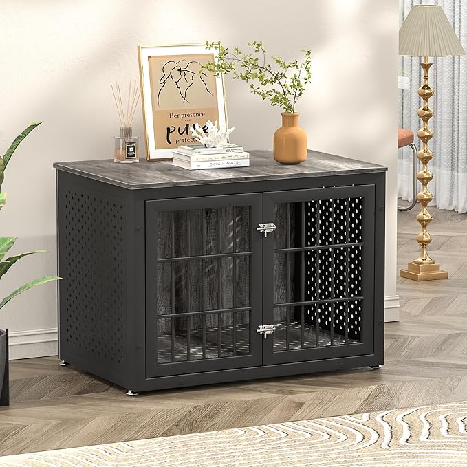 38" Heavy Duty Dog Crate Furniture for Large and Medium Dogs,Wooden Metal Kennel for High Anxiety Dogs, Chew Proof Cage Indoor, Decorative Kennel End Table-PawvioPets