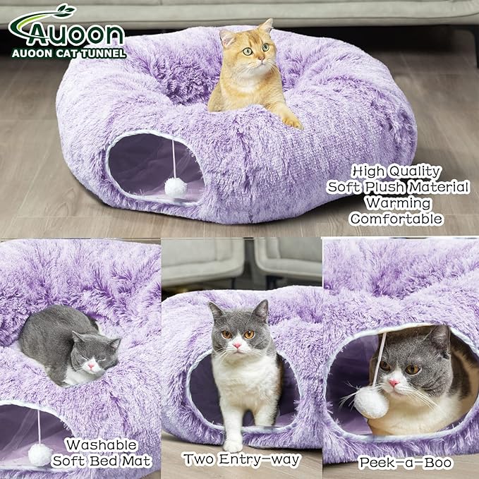 AUOON Cat Tunnel Bed for Indoor Cats - Circle Peekaboo Cat Cave with Washable Mat for Indoor Cats Kitten Kitty Puppy Rabbit Ferret (Purple)-PawvioPets