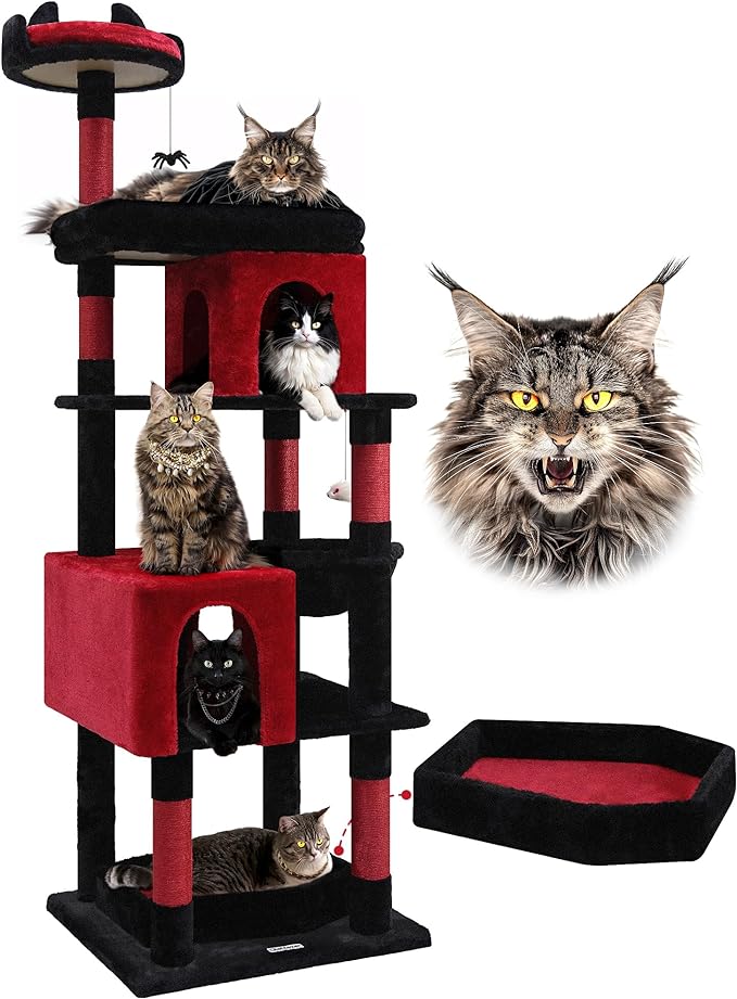 Globlazer Heavy Duty Gothic Cat Tree, 72in Large Cat Tower with Coffin Bed, Sturdy Maine Coon Cat Tree for Large Cats 20 lbs+, Medieval Castle Style with 6 Scratching Posts & Hammock, S72, Black & Red-PawvioPets