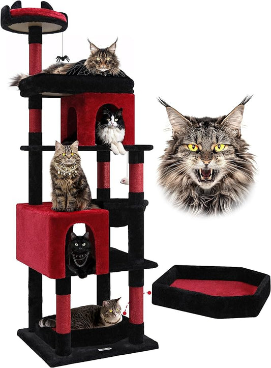 Globlazer Heavy Duty Gothic Cat Tree, 72in Large Cat Tower with Coffin Bed, Sturdy Maine Coon Cat Tree for Large Cats 20 lbs+, Medieval Castle Style with 6 Scratching Posts & Hammock, S72, Black & Red-PawvioPets