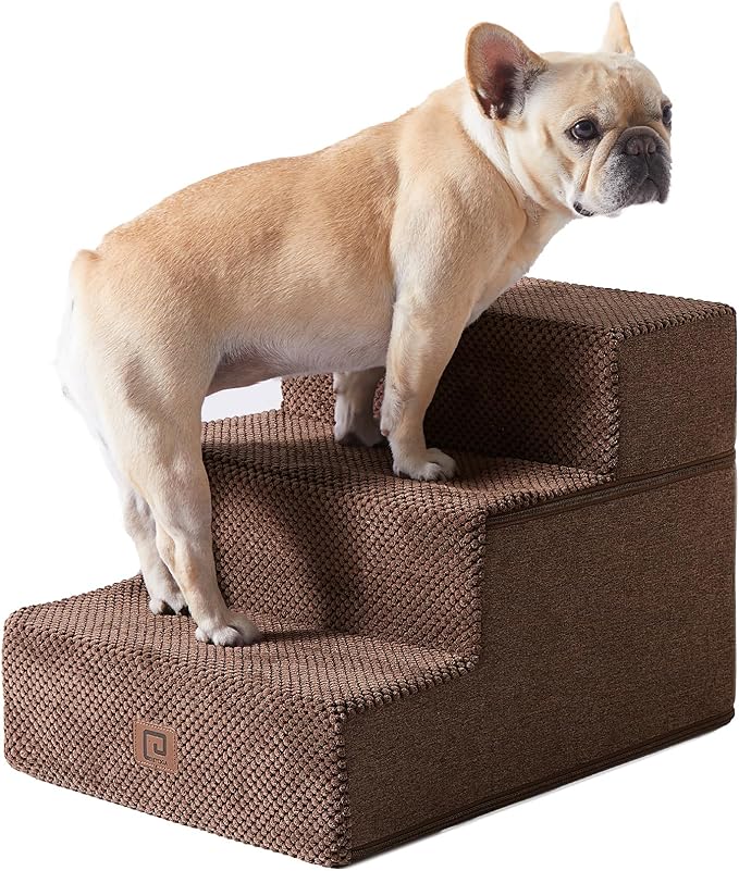 EHEYCIGA Dog Stairs for Small Dogs 13.5" H, 3-Step Dog Steps for Couch Sofa and Chair, Pet Steps for Medium Cats, Non-Slip Balanced Pet Ramp Indoor, Brown-PawvioPets