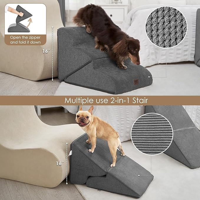 EHEYCIGA Curved Foldable Dog Stairs Ramp for Small Dogs 16" H, 3-Step Dog Steps for Couch Sofa and Chair, Pet Stairs for Cats, Non-Slip Balanced Pet Steps Indoor, Grey-PawvioPets