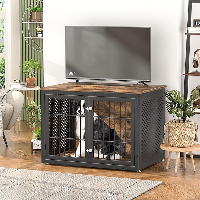 42" Heavy Duty Dog Crate Furniture for Large and Medium Dogs, Enclosed Design Wooden Metal Kennel, Wooden Cage Furniture Indoor, Decorative Dog Kennel End Table-PawvioPets