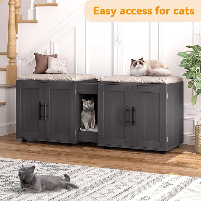 Gaomon Litter Box Enclosure with Double Room,Cat Hidden Litter Box Enclosure Furniture for 2 Cats with Double Room, 55”L x 17.7”W x 22.5”H Cat House,Wooden Enclosed Cat Litter Box Furniture,Walnut-PawvioPets