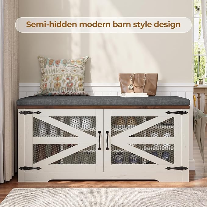 Farmhouse Storage Bench with Cushion, Metal and Wood Shoe Rack Organizer, Adjustable Shelf, Shoe Cabinet with Half Hidden Storage Space, for Entryway, Bedroom, Living Room (Old White, 43.3in)-PawvioPets