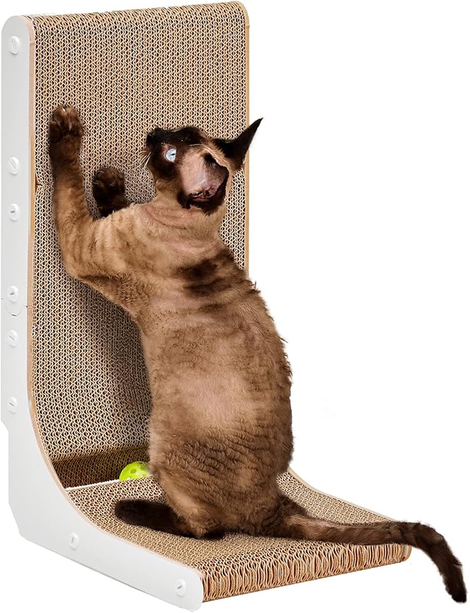 EHEYCIGA Cardboard Cat Scratcher for Indoor Kitten Cats, 19 Inch L Shaped Vertical Cat Scratching Board with Ball Cat Toy, Small Cat Scratcher Pad, White-PawvioPets