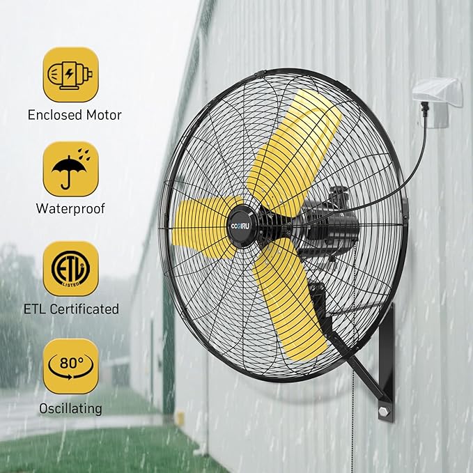 8800 CFM 24" Outdoor Commercial Wall Fan Oscillating, IP44 Waterproof Wall Mount Fan, Heavy Duty, 3 Speed, Adjustable Tilt for Factory, Warehouse, Garage, ETL Listed-PawvioPets