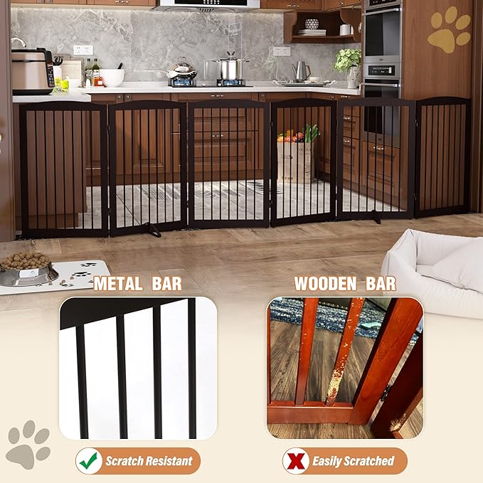 Freestanding Pet Gate for Dogs, Indoor Wooden Foldable Dog Gate for House, Extra Wide, Pet Fence for Stairs, Doorways, Halls, Support Feet Included, 120 Inch Wide, 6 Panels 32",Brown-PawvioPets