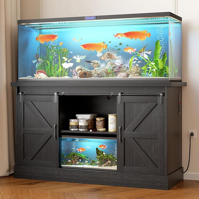 55-75 Gallon Fish Tank Stand with Sliding Barn Doors & Power Outlet, Heavy Duty Aquarium Stand with Cabinet Storage for Fish Tank, Turtle Tank, Reptile Terrarium, 1000LBS Capacity, Black-PawvioPets
