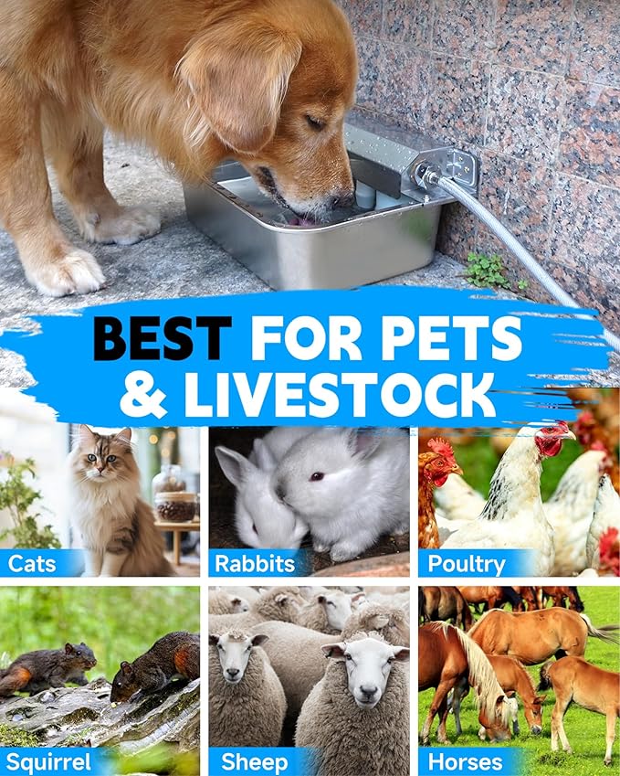 Automatic Dog Water Dispenser, 2 Gallons 304 Stainless Steel Dog Water Bowl for Indoor/Outdoor, Large Water Bowl for Pets & Livestock, Anti Tip, Wide Mouth, Water Auto Fill, Fit GHT 3/4" Faucet-PawvioPets