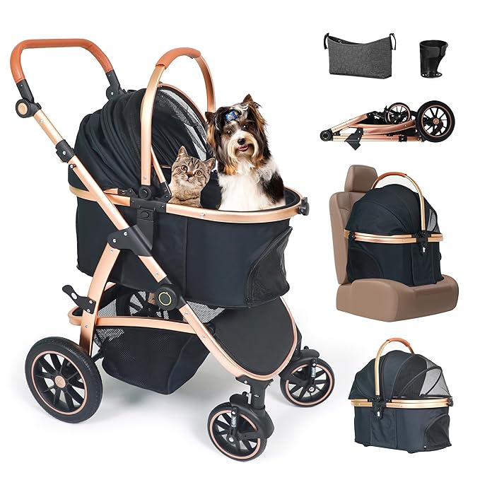 3 in 1 Pet Stroller - Stroller for Small to Medium Dogs and Cats up to 55 lbs, with Detachable Carrier/Car Seat, Foldable and Lightweight, Detachable Cushion + Cup Holder (Black/Gold)-PawvioPets
